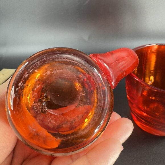 Antique Hand Blown Glass Cup Mug Set 2 Red Thick Heavy Glass Mugs Cups Vintage - Picture 6 of 16